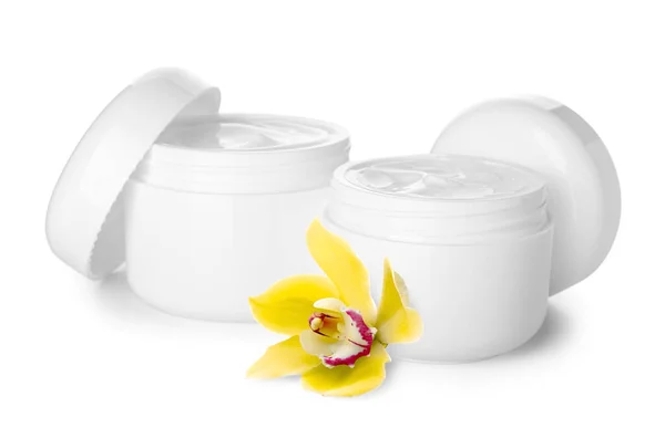Pots Crème Cosmétique Naturelle Fleur Orchidée Isolés Sur Blanc — Photo