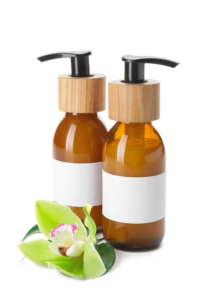 Bottles Natural Cosmetics Orchid Flower White Background — Stock Photo, Image