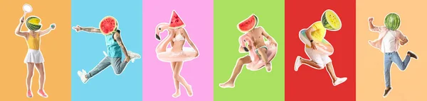 Set People Ripe Watermelons Instead Heads Colorful Background — Stockfoto