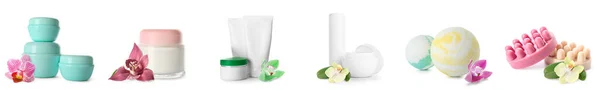 Conjunto Diferentes Produtos Cosméticos Flores Orquídeas Fundo Branco — Fotografia de Stock