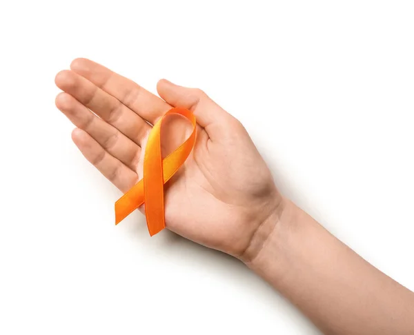 Vrouw Met Oranje Bewustzijnslint Witte Achtergrond Nierkankerconcept — Stockfoto