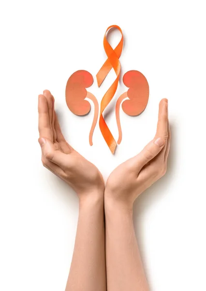 Woman Orange Awareness Ribbon Paper Kidneys White Background — Stock Photo, Image