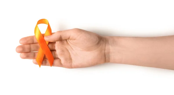 Woman Orange Awareness Ribbon White Background Kidney Cancer Concept — Stock Photo, Image