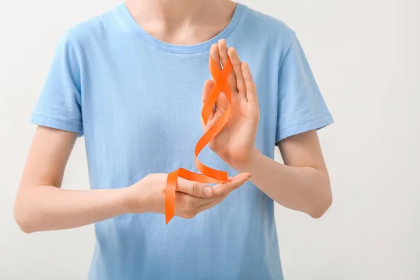 Woman Orange Awareness Ribbon White Background Kidney Cancer Concept — Stock Photo, Image