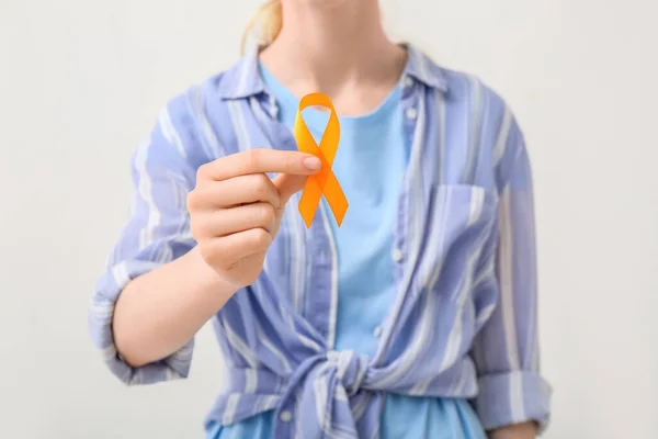 Woman Orange Awareness Ribbon White Background Kidney Cancer Concept — Stock Photo, Image