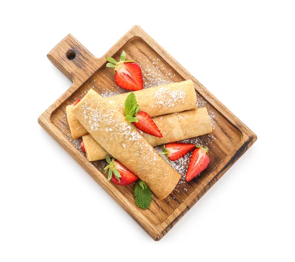 Board Thin Pancakes Strawberries Mint Leaves White Background — Stock Photo, Image