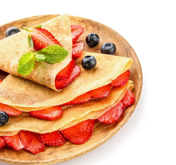 Plate Thin Pancakes Strawberries Blueberries White Background — Stock Photo, Image