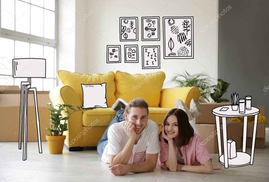 Young couple in new house on moving day