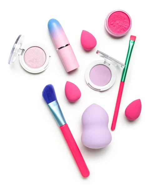 Composition Cosmetics Makeup Brushes Sponges White Background — Stock Photo, Image