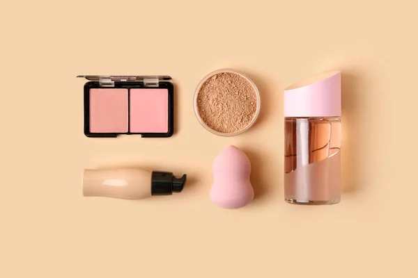 Set Cosmetics Makeup Sponge Color Background — Stock Photo, Image