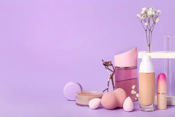 Set Different Cosmetics Makeup Sponges Lilac Background — Stockfoto