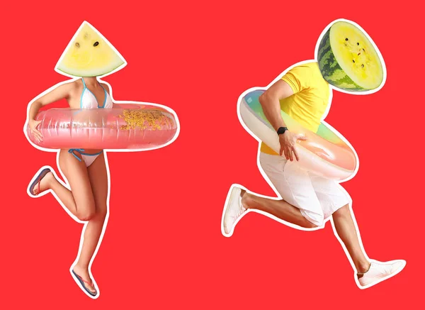 Jumping People Inflatable Rings Watermelons Instead Heads Red Background — Stockfoto