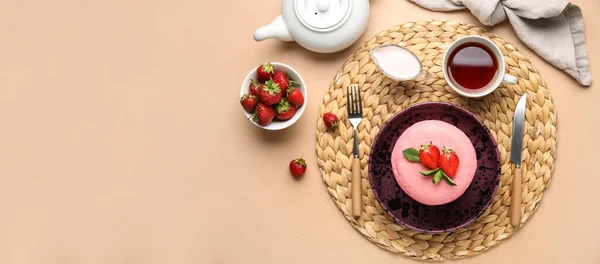 Plate Tasty Pink Pancakes Strawberries Tea Sauce Color Background Space — Stock Photo, Image