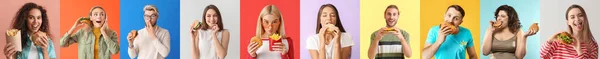 Conjunto Muchas Personas Con Sabrosas Hamburguesas Sobre Fondo Colorido —  Fotos de Stock