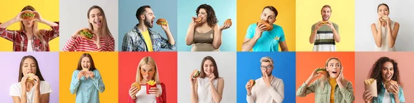 Conjunto Muchas Personas Con Sabrosas Hamburguesas Sobre Fondo Colorido —  Fotos de Stock