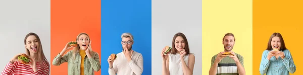 Veel Mensen Met Lekkere Hamburgers Kleurrijke Achtergrond — Stockfoto