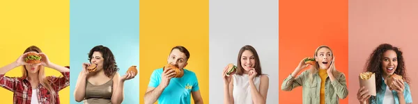 Veel Mensen Met Lekkere Hamburgers Kleurrijke Achtergrond — Stockfoto
