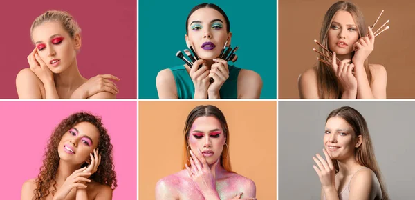 Conjunto Belas Mulheres Jovens Com Maquiagem Elegante Fundo Colorido — Fotografia de Stock