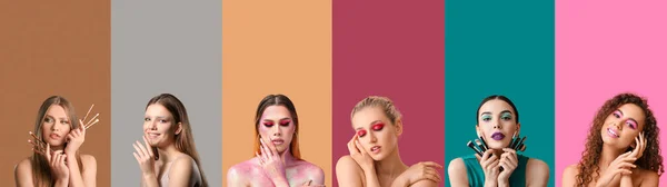 Conjunto Hermosas Mujeres Jóvenes Con Maquillaje Elegante Sobre Fondo Colorido —  Fotos de Stock