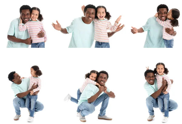 Uppsättning Glad Afroamerikansk Man Och Hans Lilla Dotter Isolerade Vitt — Stockfoto