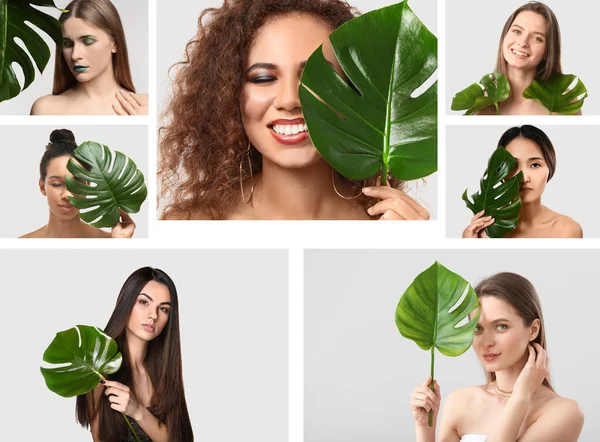 Set Beautiful Young Women Tropical Leaves Light Background — Stockfoto