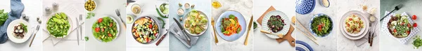 Set Delicious Salads Vegetables Light Background Top View — Stock Photo, Image
