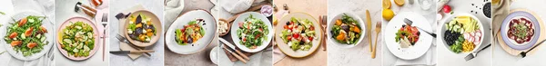 Conjunto Deliciosas Saladas Com Legumes Fundo Claro Vista Superior — Fotografia de Stock