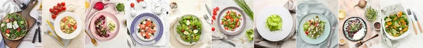 Sæt Lækre Salater Med Grøntsager Lys Baggrund Top View - Stock-foto
