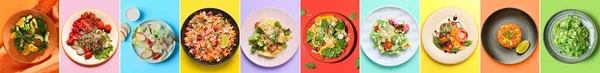 Set of delicious salads with vegetables on color background, top view