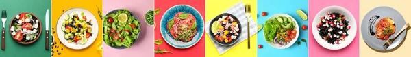 Set of delicious salads with vegetables on color background, top view