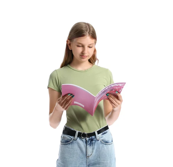 Красивая Девушка Подросток Читает Журнал Белом Фоне — стоковое фото