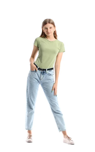 Bella Ragazza Adolescente Shirt Verde Sfondo Bianco — Foto Stock