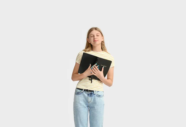Teenage Girl Holy Bible White Background — Stock Photo, Image