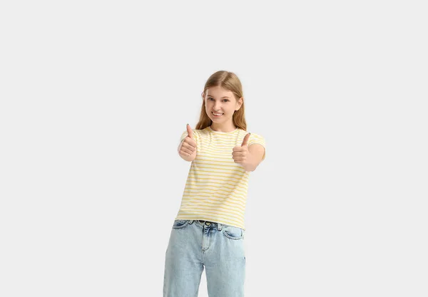 Pretty Teenage Girl Striped Shirt Showing Thumbs White Background — Stock Photo, Image