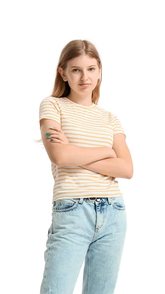 Mooie Tiener Meisje Gestreepte Shirt Witte Achtergrond — Stockfoto