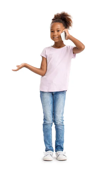 Little African American Girl Talking Mobile Phone White Background — Stock Photo, Image