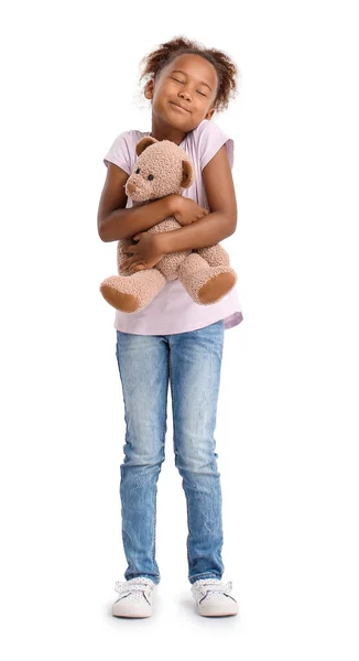 Petite Fille Afro Américaine Avec Ours Peluche Sur Fond Blanc — Photo