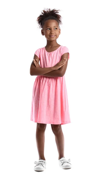 Маленькая Афроамериканка Розовом Платье Белом Фоне — стоковое фото