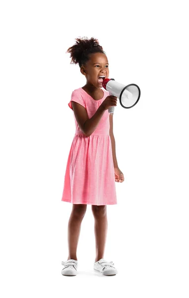 Menina Afro Americana Gritando Megafone Fundo Branco — Fotografia de Stock