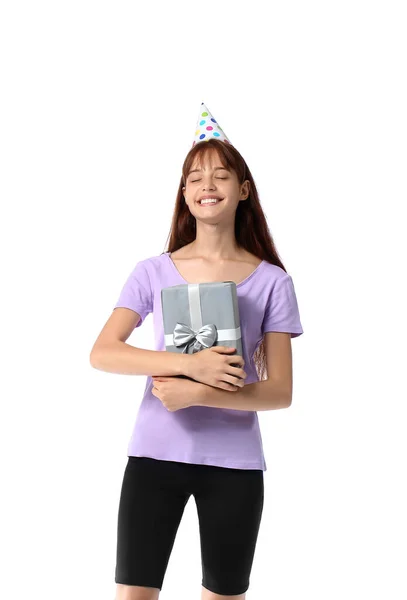 Adolescente Chapeau Fête Avec Boîte Cadeau Sur Fond Blanc — Photo