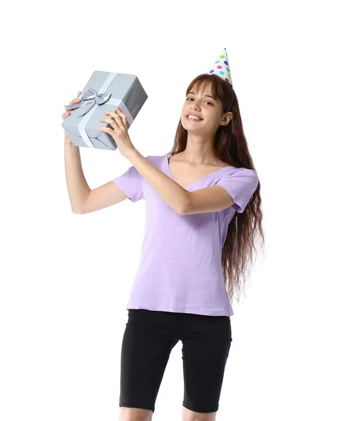 Tiener Meisje Party Hoed Met Geschenk Doos Witte Achtergrond — Stockfoto