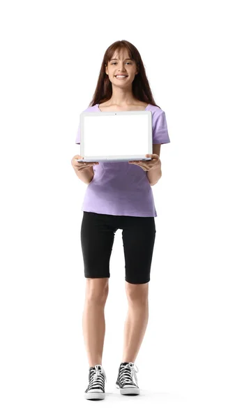 Teenage Girl Laptop White Background — Stock Photo, Image