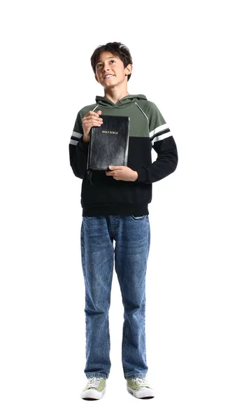 Teenager Mit Der Heiligen Bibel Auf Weißem Hintergrund — Stockfoto