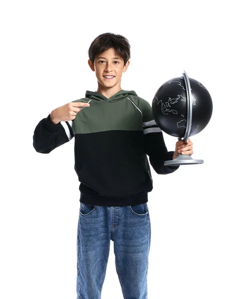 Teenage Boy Pointing Globe White Background — Stockfoto