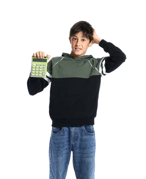 Ragazzo Adolescente Con Calcolatrice Sfondo Bianco — Foto Stock