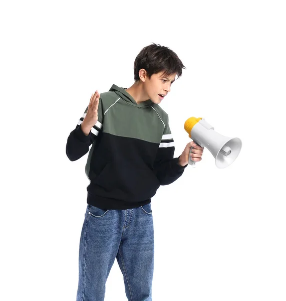 Adolescente Gritando Megafone Fundo Branco — Fotografia de Stock