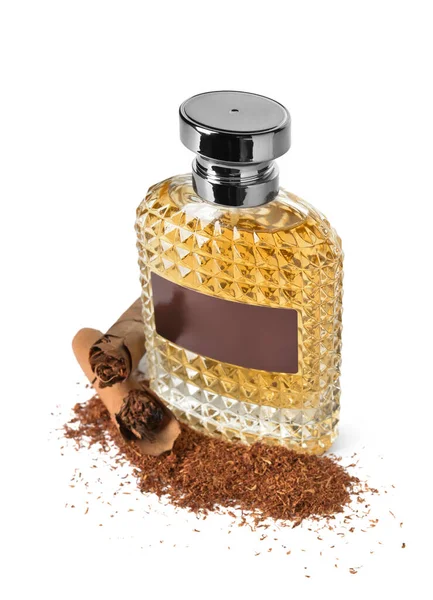 Eine Flasche Aromatisches Parfüm Und Tabak Auf Weißem Hintergrund — Stockfoto