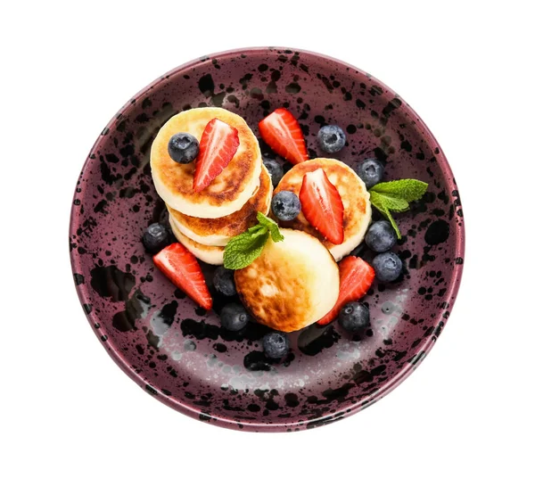 Plate Delicious Cottage Cheese Pancakes Fresh Berries Mint Leaves White — Stock Photo, Image