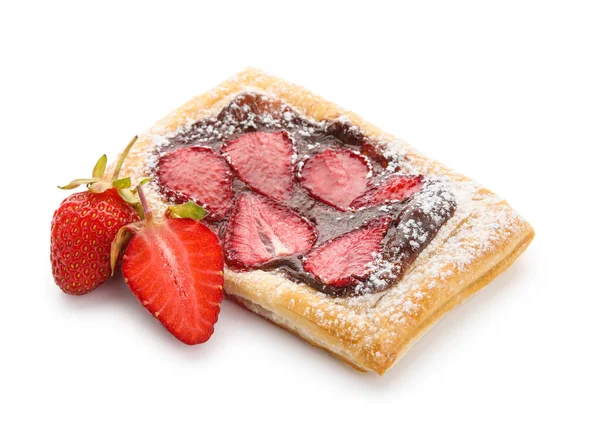 Strawberry Puff Pastry Sugar Powder White Background — Stock Photo, Image