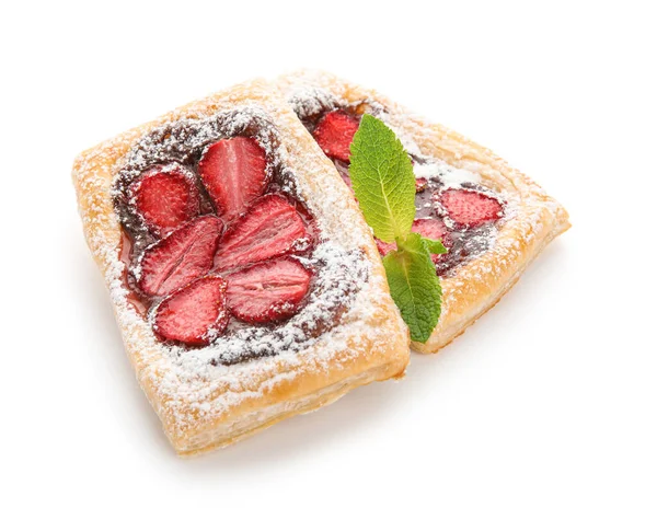 Strawberry Puff Pastries Sugar Powder Mint Leaves White Background — Stock Photo, Image